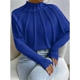 thumbnail image 6 of Women Knitted Bat Sleeve Solid Long Sleeve Mock Neck Sweaters Blue S, 6 of 7