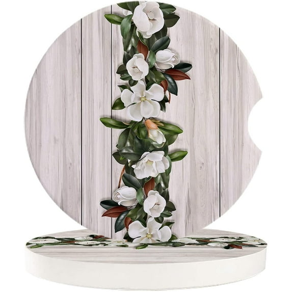 FMSHPON Magnolia Flower Vintage Wooden Grain Set of 6 Car Coaster for Drinks, Absorbent Ceramic Stone Coasters Cup Mat with Cork Base for Home Kitchen Room Coffee Table Bar Decor