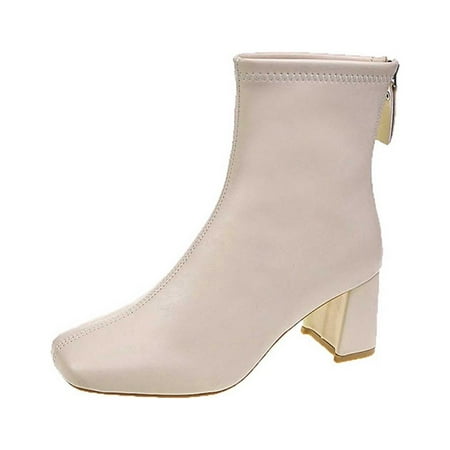 

KIJBLAE Women s Ankle Boots Block Heel Square Toe Zipper Faux Leather Booties Fall Winter Shoes Comfortable Chunky Heel Dress Boots Beige 6