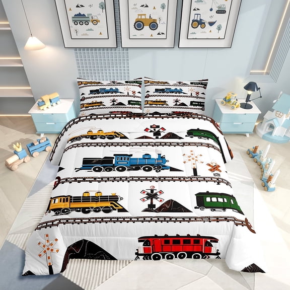 Comforter Set Retro Vintage Train Bedding, Cute Vehicle Printed Colorful Train Comforter Adults Teens Bedroom Decor All Season Twin 2 Pieces, 1 Comforter 1 Pillowcase