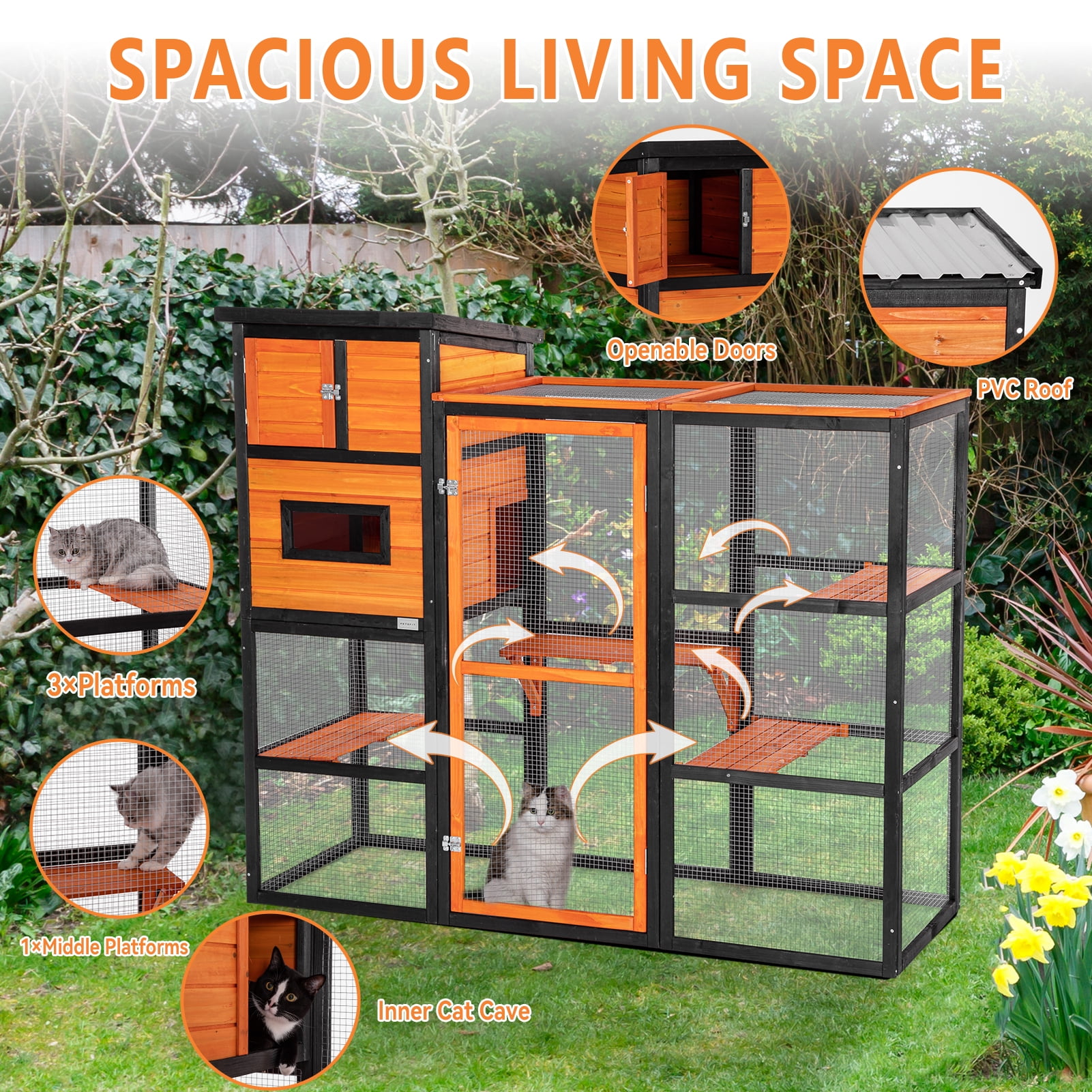 Petsfit Large Wooden Outdoor Cat House with 2 Resting Rooms, 4 Platforms, and Waterproof Roof, Orange