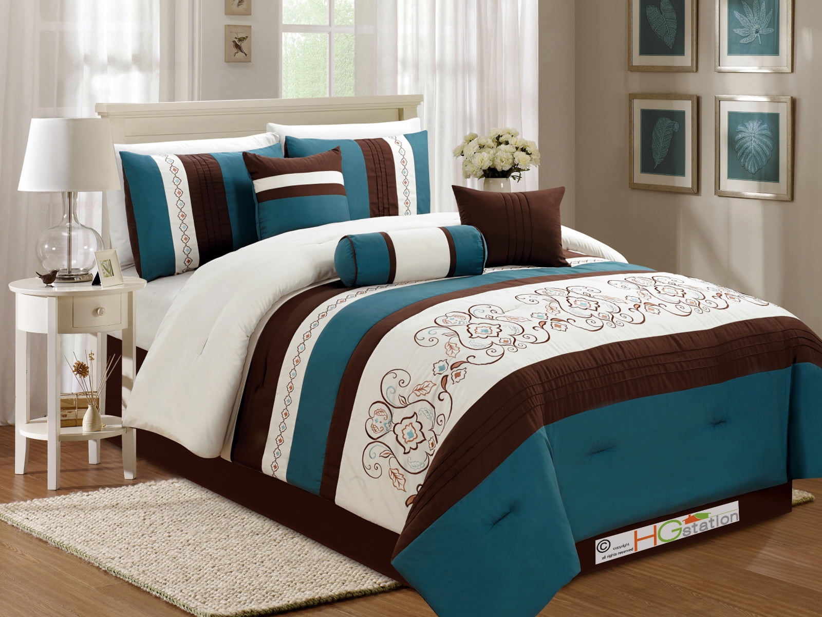 7 Pc Floral Scroll Damask Embroidery Piping Comforter Set Teal