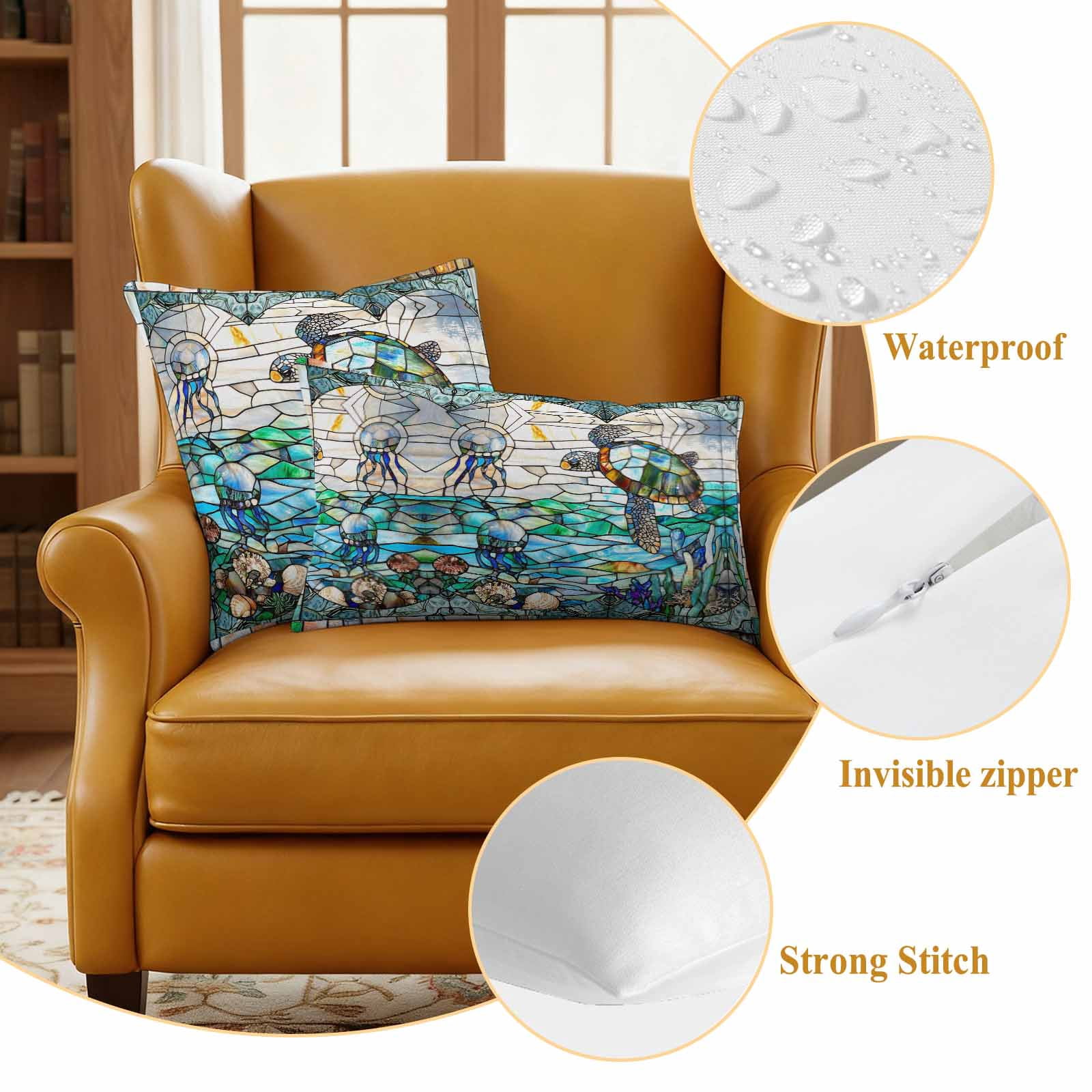 Stained Glass Sea Turtle Outdoor Waterproof Pillow Covers, Summer Coastal Ocean Jellyfish Decorative Rectangle Throw Pillowcase Sofa Cushion Sham for Patio/Couch/Chair, 20"x12" 2 Pack