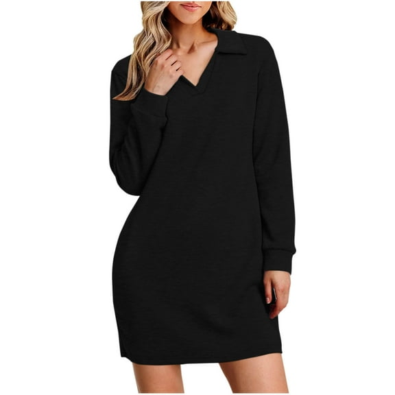 Efsteb 2025 Fall Fashion Long Sleeve Dress for Women Lapel V Neck Sweatshirt Dress Business Casual Work Dress with Pockets (Black,M)