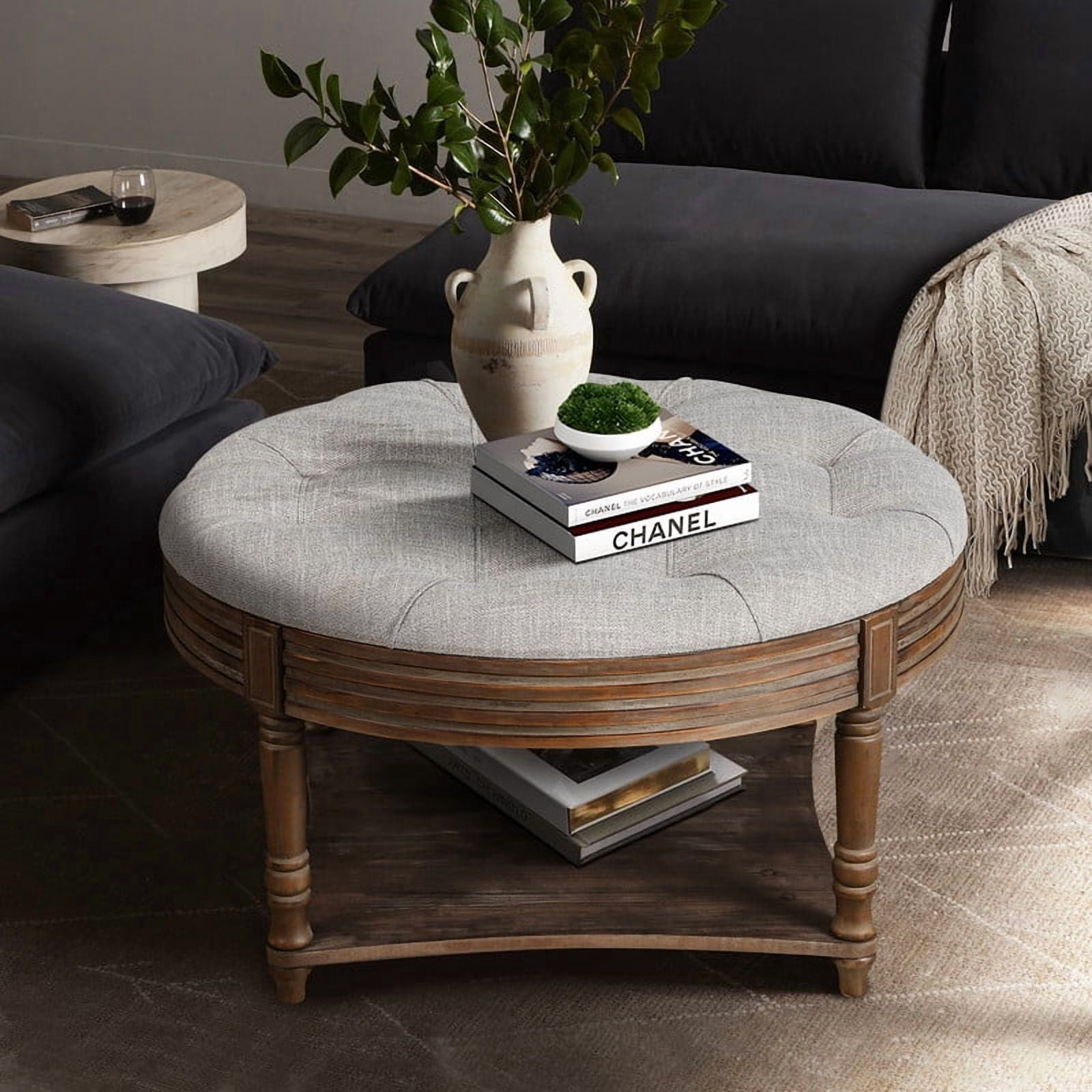 Round Storage Ottoman Coffee Table with Wooden Shelf, Oversized Tufted Upholstered Ottoman with Hidden Storage, Waterproof Linen Footrest for Living Room, Light Gray
