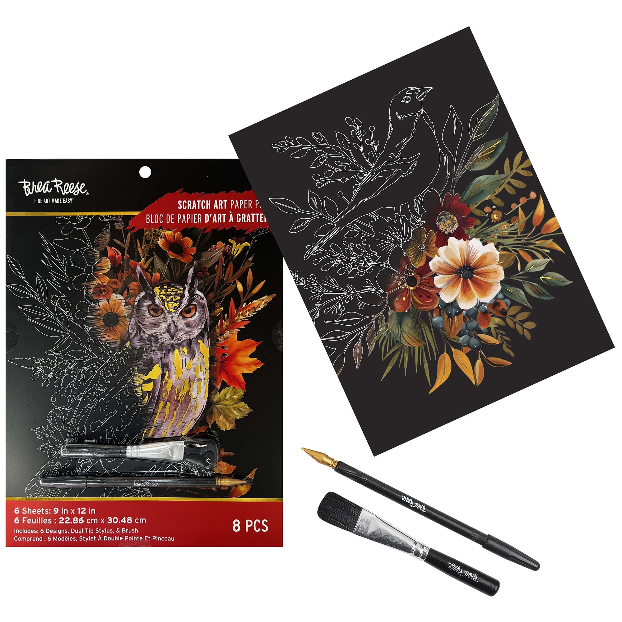 Brea Reese: Scratch Art Paper Pad - Autumn Equinox - 6 Designs, Guided Art, Metallic Accents, Stylus & Brush, Perforated 9x12" Pages, DIY Adult Craft