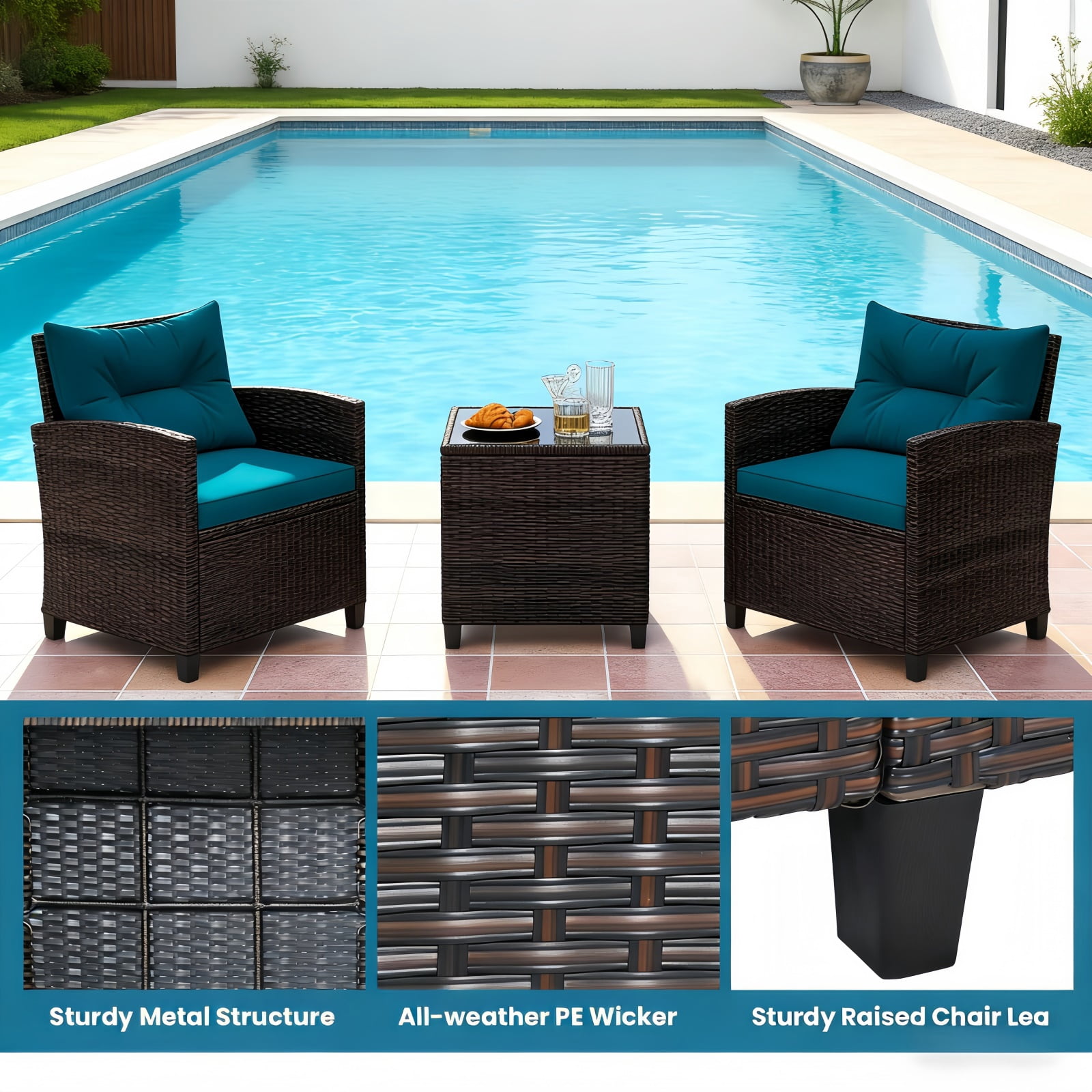 Hommoo 3 PCS Rattan Patio Furniture Set, Outdoor Brown Wicker Conversation Set with Glass Tabletop & Peacock Blue Cushion