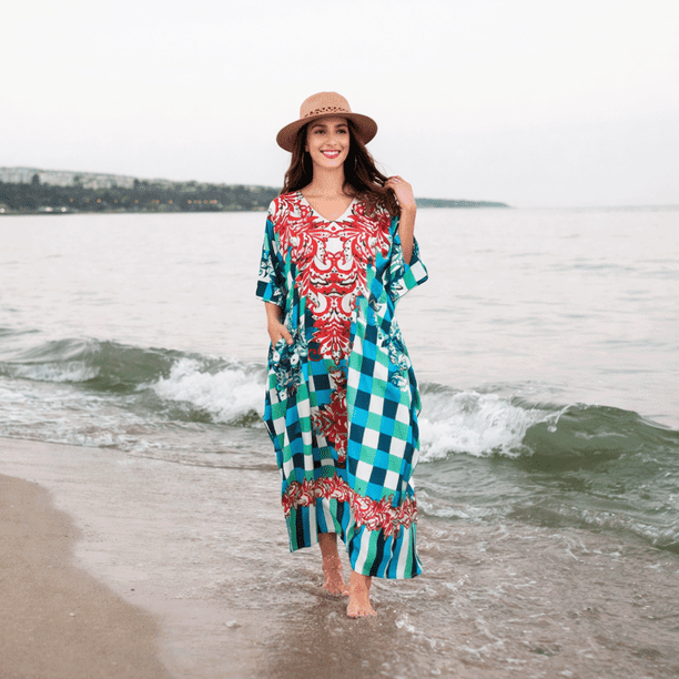 polyester kaftan dress Buy Tamsy Teal Floral Polyester Crepe Kaftan Dress with Belt