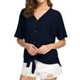 thumbnail image 4 of JWD Womens Waffle Knit Tunic Blouse Tie Knot Short Sleeve Henley Tops Loose Fitting Bat Wing Shirts Navy Blue Medium, 4 of 5