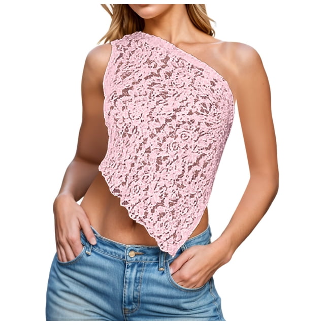 Top corto de encaje con un solo hombro para mujer - Tirantes finos y espalda descubierta - Poliéster - Para salir en verano - Tallas S-L