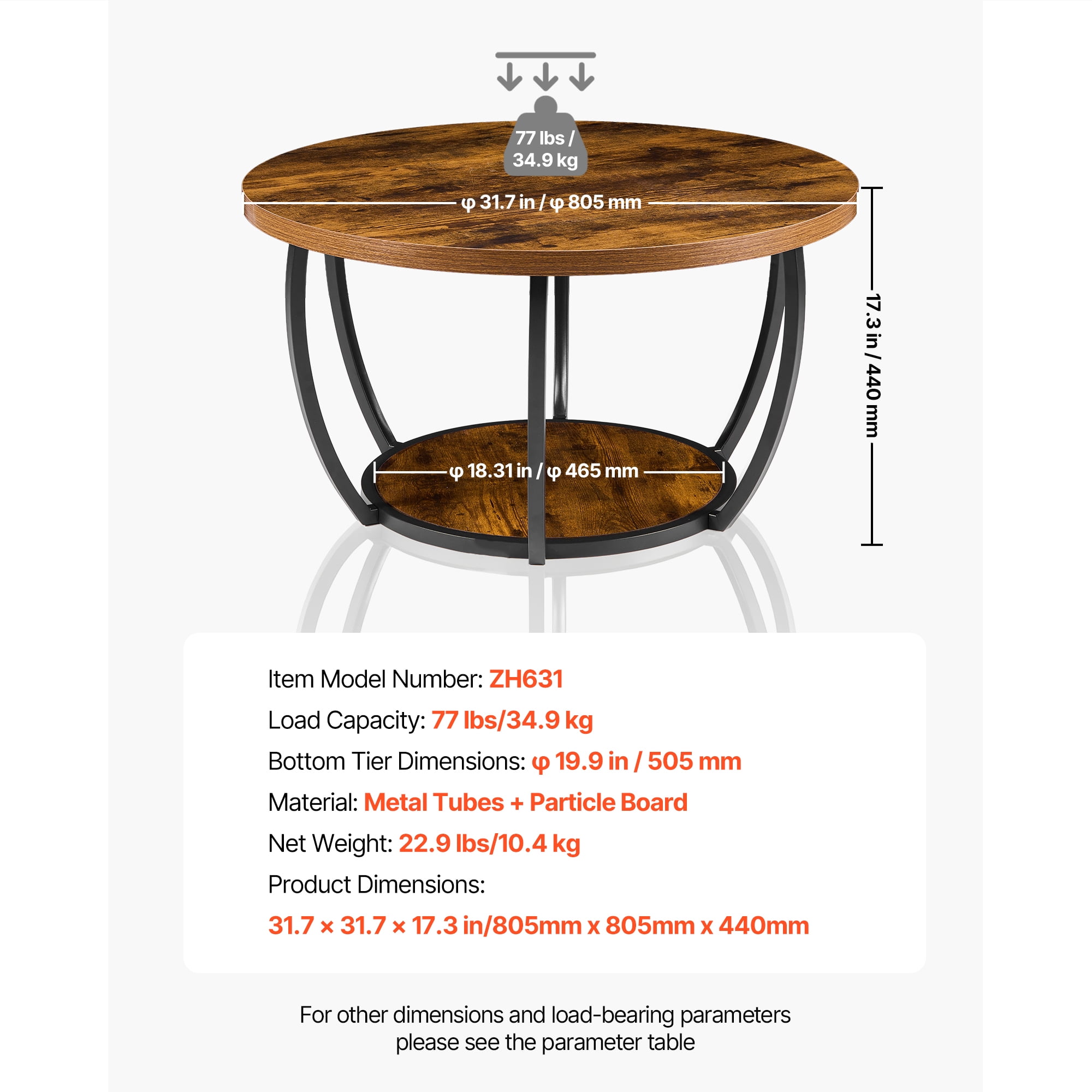 KFFKFF Round Coffee Table, Modern 2-Tier Wooden Center Table with Open Storage, Minimalist Metal Frame Design for Living Room or Office, Easy to Assemble, Rustic Brown Finish