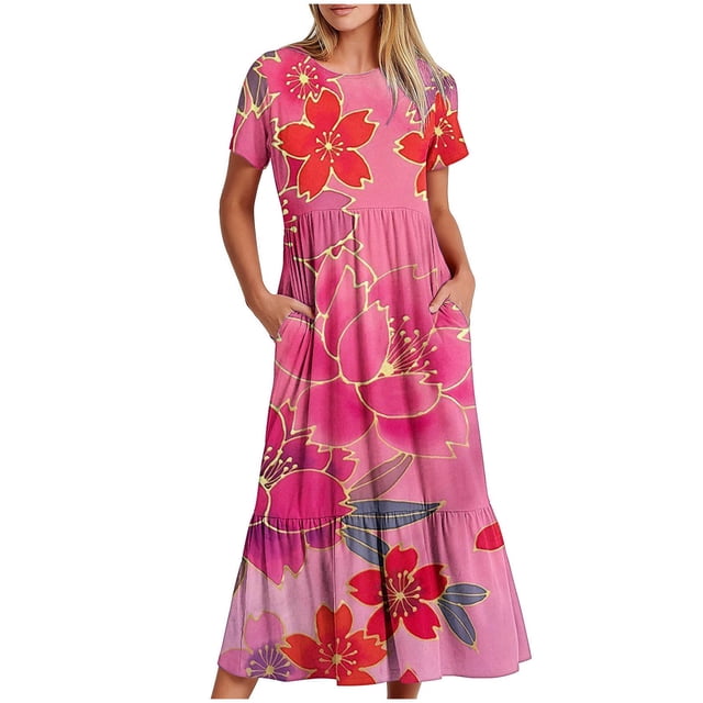 Dvkptbk Robes d'Été pour Femmes 2024 Mode Décontractée Bohème à Fleurs Robes de Plage Manches Courtes Col Rond Robe d'Été Fluide Maxi Robe de Plage Longue Robe Midi de Plage avec Poches P-2TG