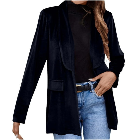 XPMWRP Women's Velvet Blazer Jackets Casual Long Sleeve Solid Color Lapel Collar Coats Work Office Suit Fall Winter Jackets Blue XL