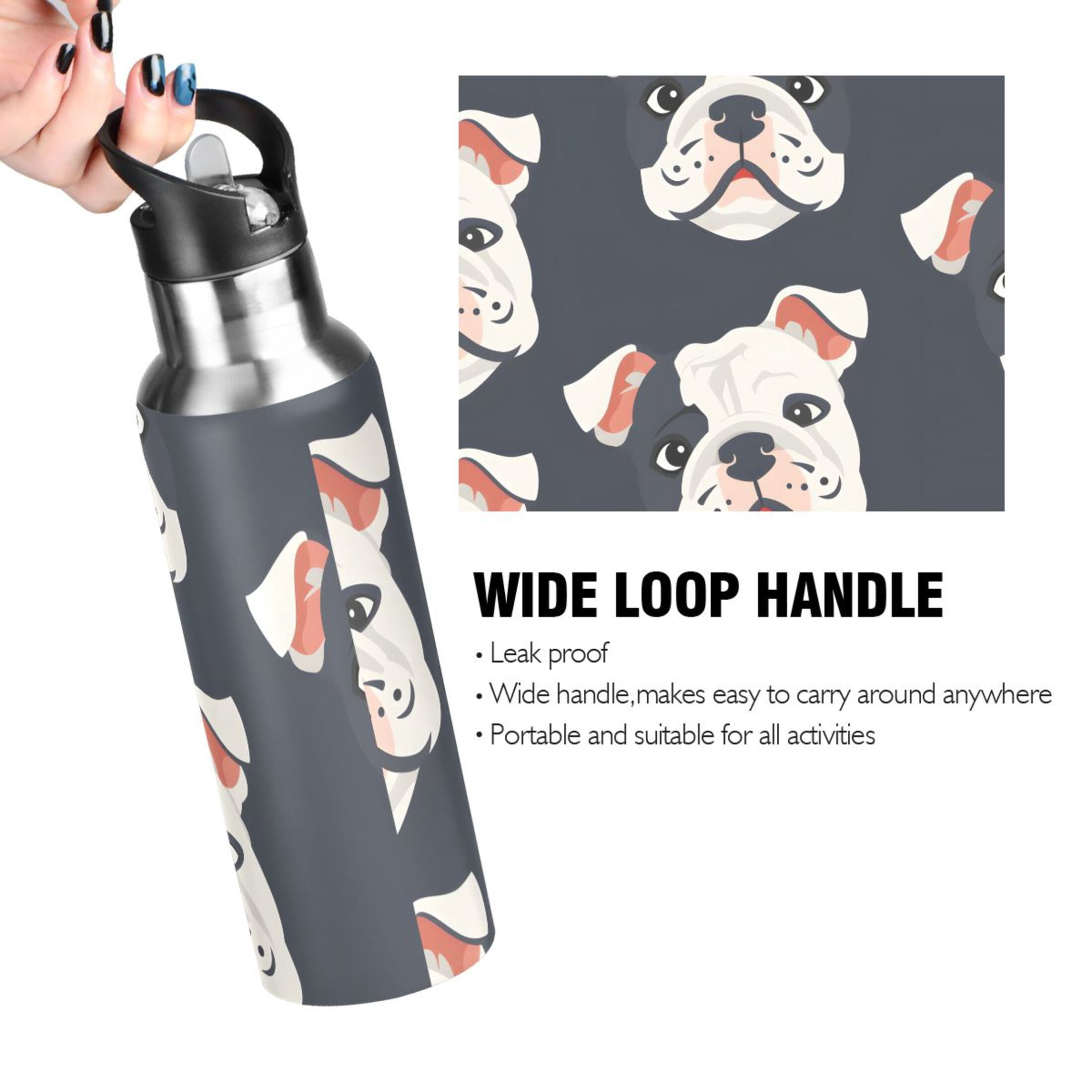 OREZI Stainless Steel Water Bottle Cute Bulldog Dog Face 34oz/1000ml Double Wall Vacuum Insulation Leakproof for Sports Travel