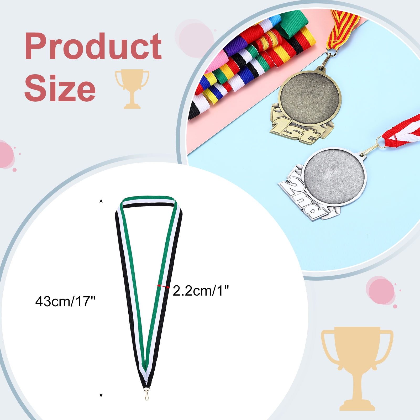 Uxcell Award Neck Ribbons with Snap Clips Polyester Medal Lanyards for Competitions Black/White/Green 100 Pack