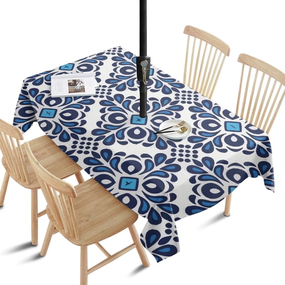Outdoor Waterproof Tablecloth with Umbrella Hole and Zipper,Blue Decorative Floral Rectangle Reusable Durable Decor Table Cover for Party Picnic Patio 60×84 Inch