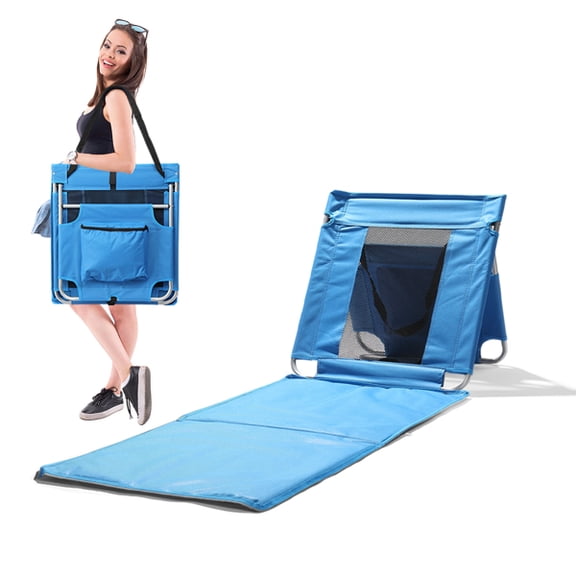 blue Foldable Beach Lounger, Lightweight Beach Mat Lounge Chair with Breathable Mesh Back, Cooler Pocket for Tanning Relaxing