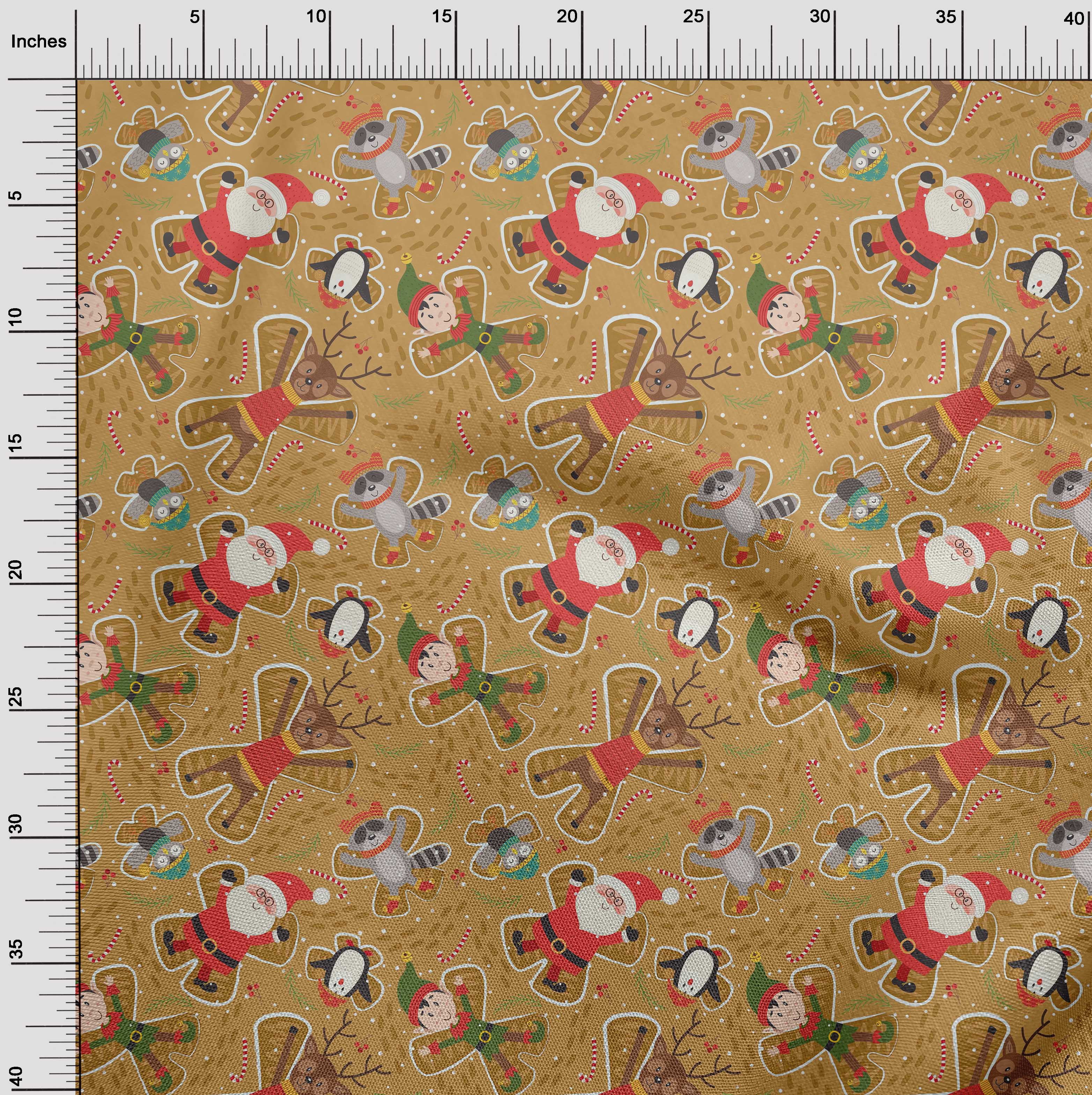 oneOone Cotton Jersey Light Brown Fabric Cartoon Animal|Candy Stick & Santa Christmas Dress Material Fabric Print Fabric By The Yard 58 Inch Wide