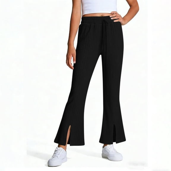 Tween Girls Flare Leggings Ribbed Knit Elastic Waist Drawstring Yoga Pants for School Daily Wear Trousers, 2T-10Y