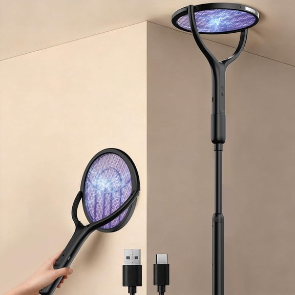 ACDANC Rotating Head Electric Fly Swatter,4000V Bug Zapper with 1800Mah Rechargeable Battery,2 in 1 Purple Mosquito Light Killer with Telescopic Extension for Indoor Home Patio Camp Office(Black)