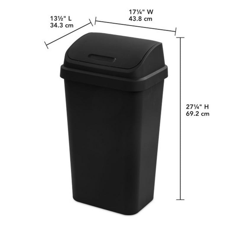 Sterilite 13 Gallon Swing Top Trash Can, Black Plastic, Lidded