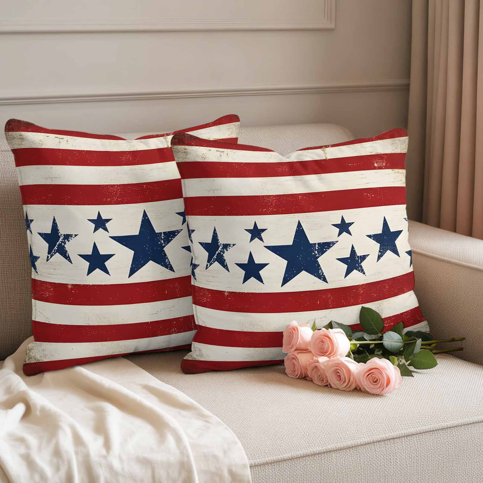 Vintage Stars Independence Day Outdoor Waterproof Pillow Covers, 4th of July Retro Striped Decorative Square Throw Pillowcase Sofa Cushion Sham for Patio/Couch/Chair, 20"x20" 2 Pack