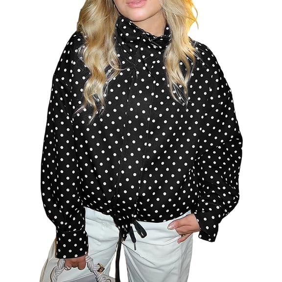 Gynyvoja Women Polka Dot Jacket Stand Collar Cropped Jackets Zip Up Coat Casual Spring Jacket with Pockets Black Polka Dot M