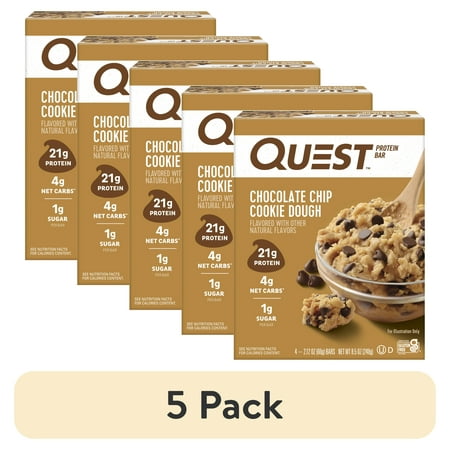 (5 pack) Quest Protein Bar, Chocolate Chip Cookie Dough Flavored, 21g Protein, Gluten Free, 4 Count