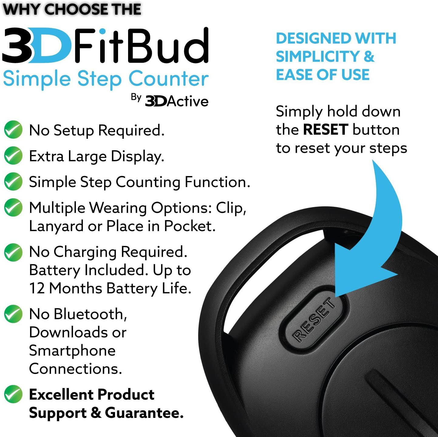 3DFitBud Simple Step Counter w/ Lanyard Walking 3D Pedometer A420S Black 