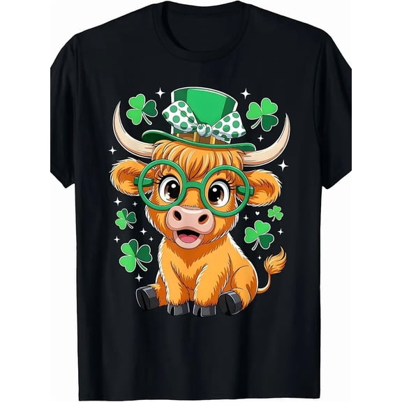 Funny Highland Cow St. Patrick's Day Shamrock Men Graphic Short Sleeve Tee
