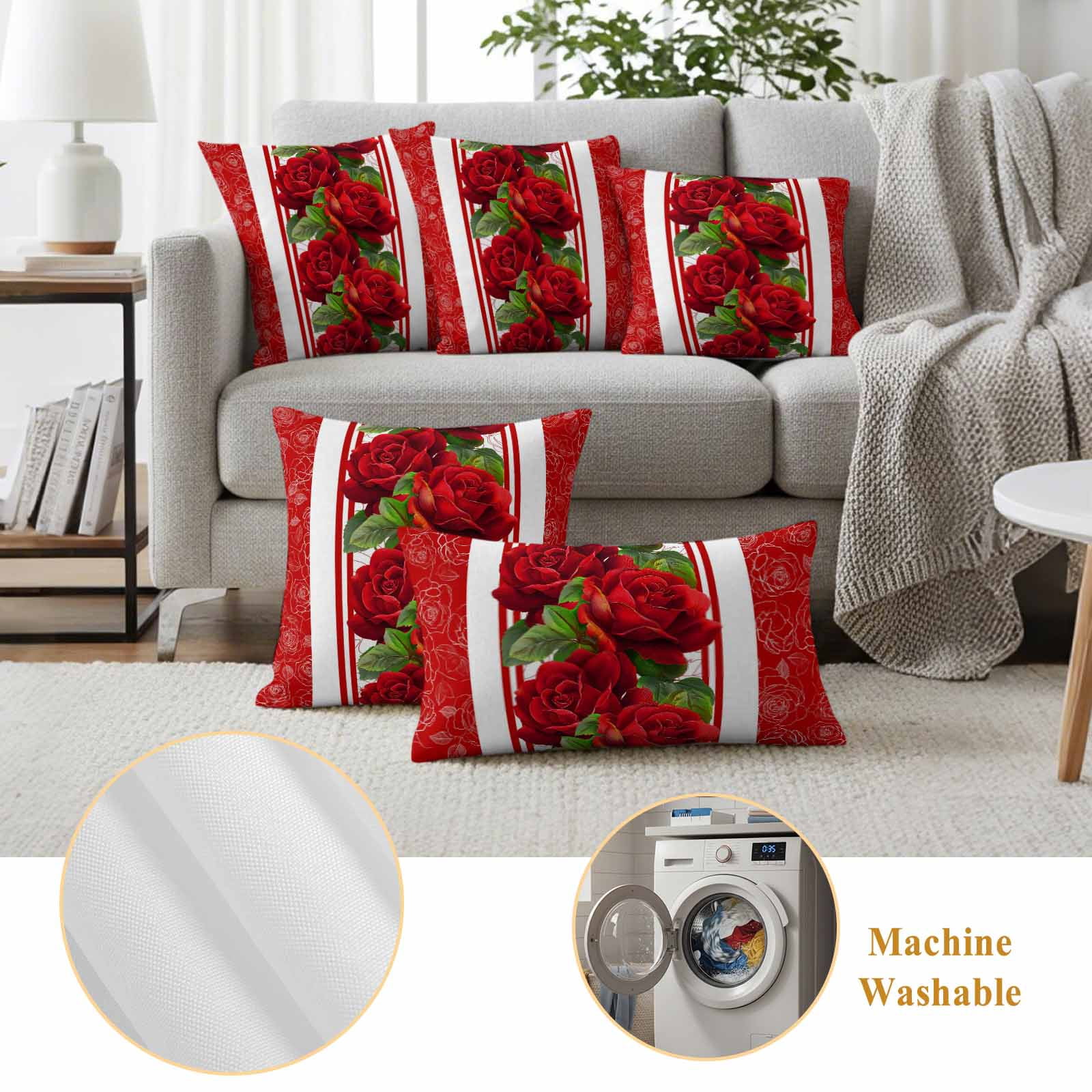 Valentine's Day Outdoor Waterproof Pillow Covers, Red Roses Floral Romantic Striped Decorative Square Throw Pillowcase Sofa Cushion Sham for Patio/Couch/Chair, 20"x20" 2 Pack
