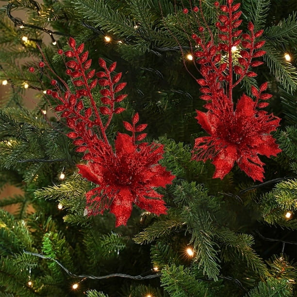 Oioii 2PCS Christmas Poinsettia Flower Decorations - Artificial Ornaments for Xmas Tree, Wreath, Wedding Party Decor