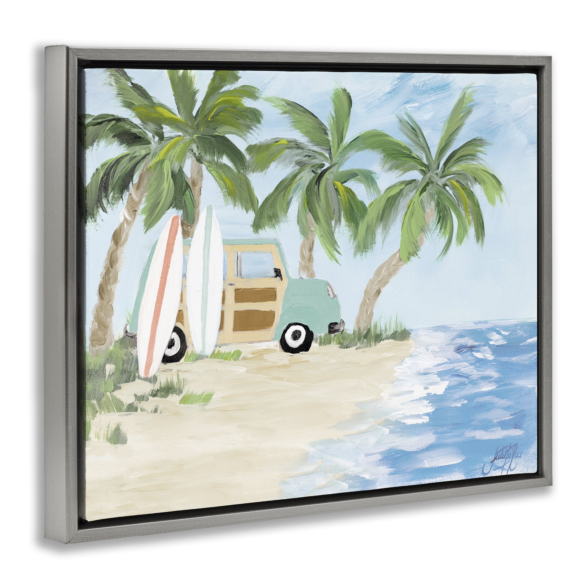 Stupell Industries Tropical Vacation Surfboards Landscape Painting Gray Floater Framed Canvas Art Print Wall Art, 21 x 17