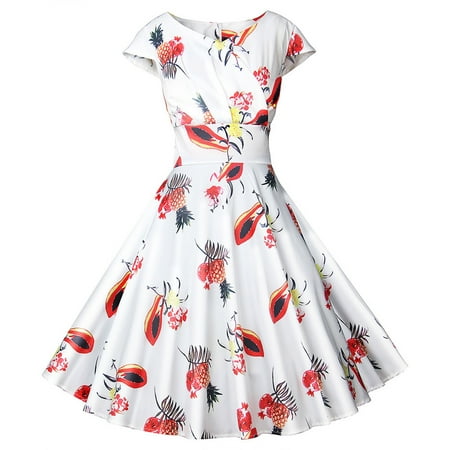 

Juebong Christmas Deals Women s Summer Fashion Short Sleeve V Neck Vintage Print Party Swing Dress on Clearance Red M