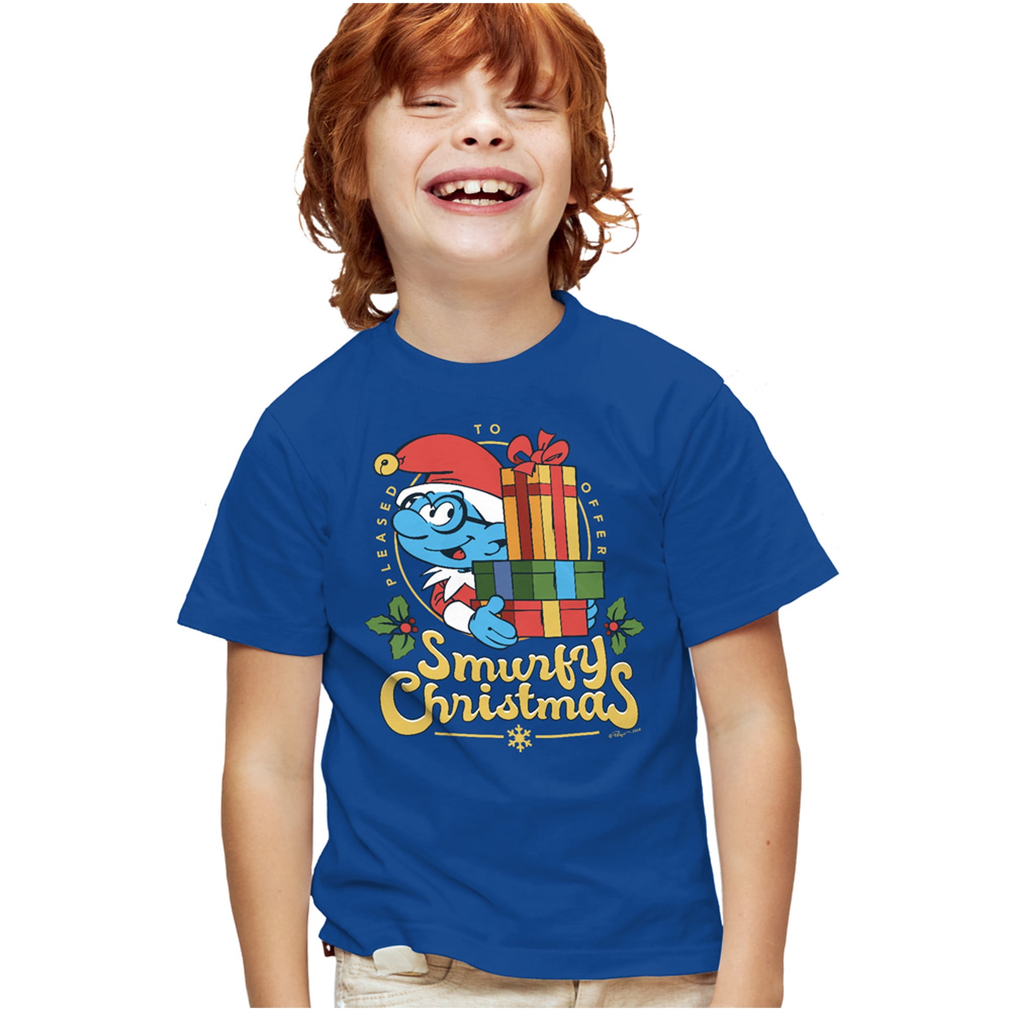 Smurfs Smurfy Christmas With Brainy Smurf Kids T Shirt for Youth Boys and Girls, Royal, Medium