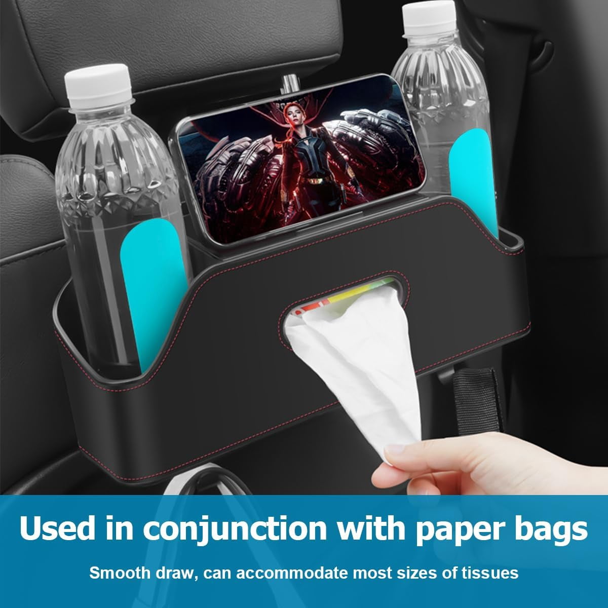 Car Headrest Backseat Organizer with Cup Holder, Multi-Functional Vehicle Seat Back Hanging Storage Box with Hooks, Auto Drink Snack Phone Tray Travel Accessories for Kids Adults (Black)