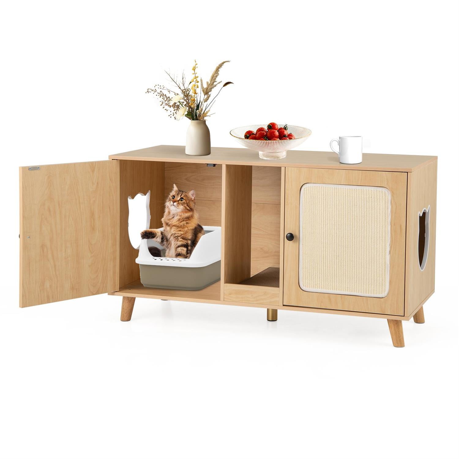 Pefilos 43" Cat Litter Box Enclosure, Double Rooms & 2 Sisal Mats, Rubber Wood Legs, Natural (Brown)