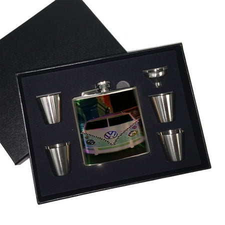 

KuzmarK 6 oz. Stainless Steel Flask Set in Black Presentation Box - Volkswagon Van Art