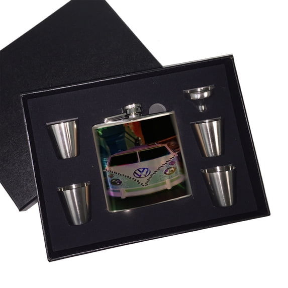 KuzmarK 6 oz. Stainless Steel Flask Set in Black Presentation Box - Volkswagon Van Art