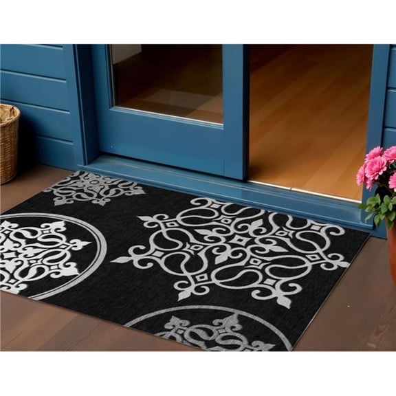 HomeRoots 591333 3 x 5 ft. Black Floral Medallion Washable Indoor & Outdoor Rectangle Area Rug