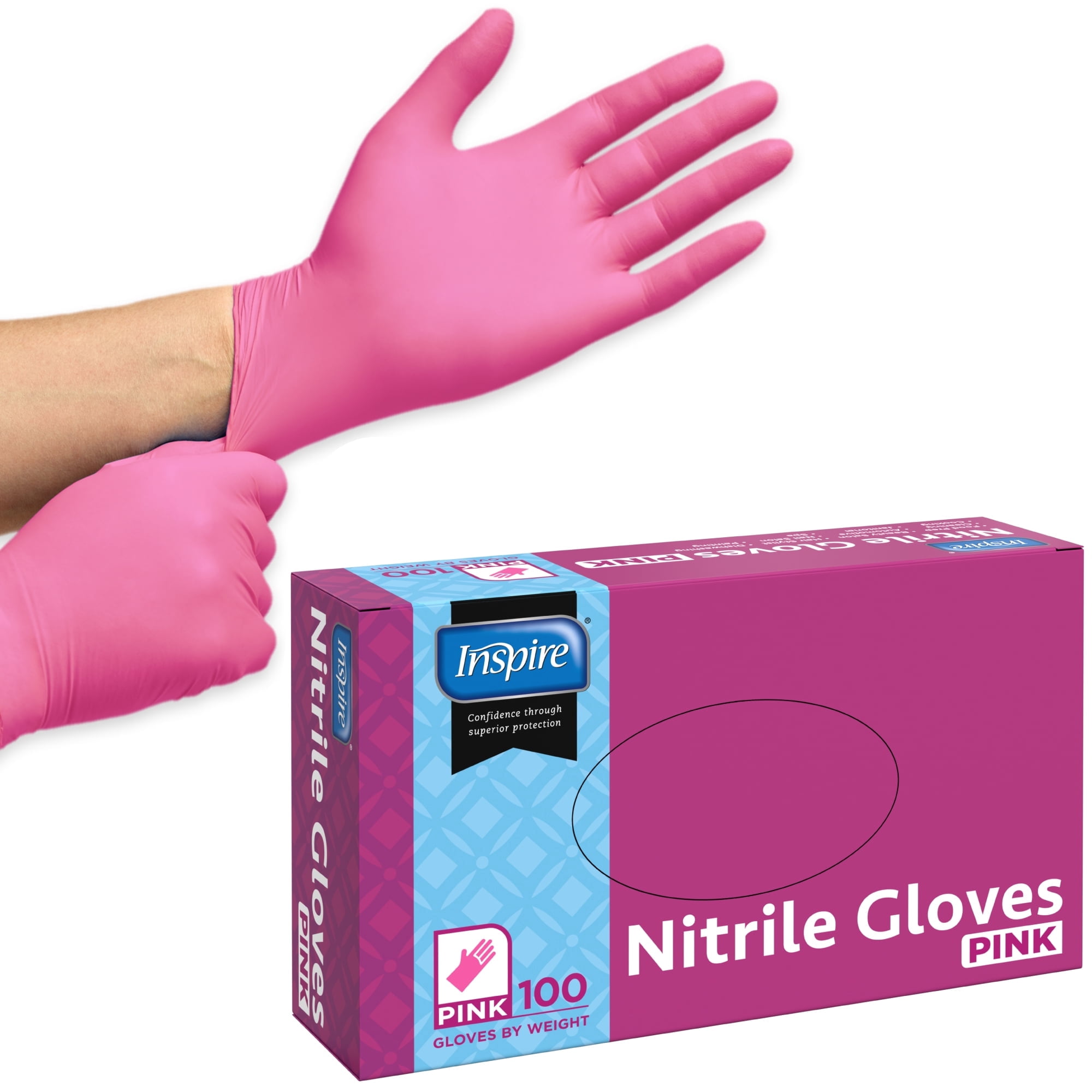 (3 pack) Inspire Pink Gloves Disposable Latex Free | Nitrile Pink Glove Hair and Nail Salon, Esthetician Nitrile Disposable Gloves (100, Medium)