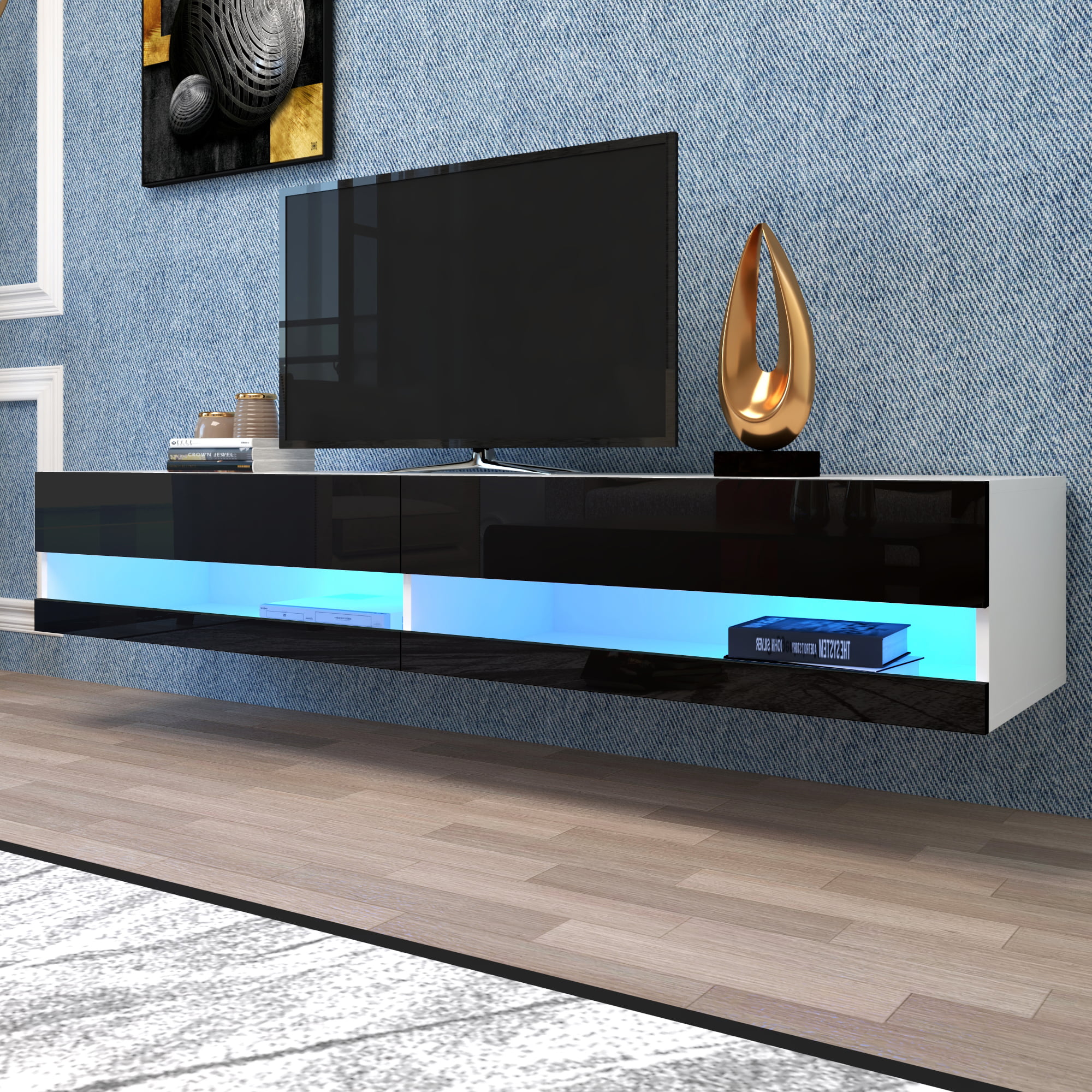 Details about   High Gloss 80in Wall Mounted Floating LED TV Stand Table with Storage Cabinet 
