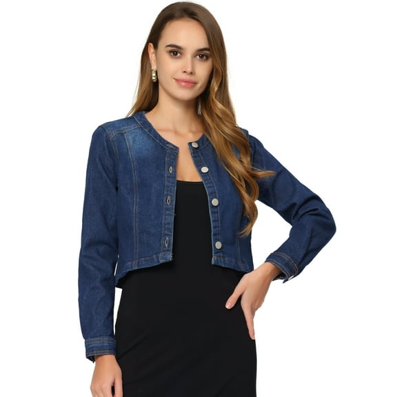 DARING DIVA Women's Collarless Button Down Long Sleeve Denim Jacket XS Dark Blue