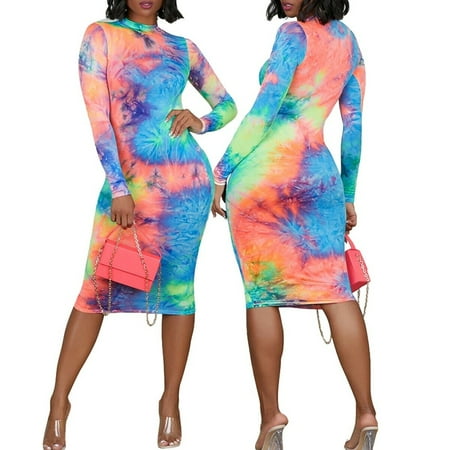 Women Sexy Tie Dyeing Mock Neck Slim Fitted Bodycon Long Sleeve Multi-Colored Wrap Stretch Tight Mini Club Dress