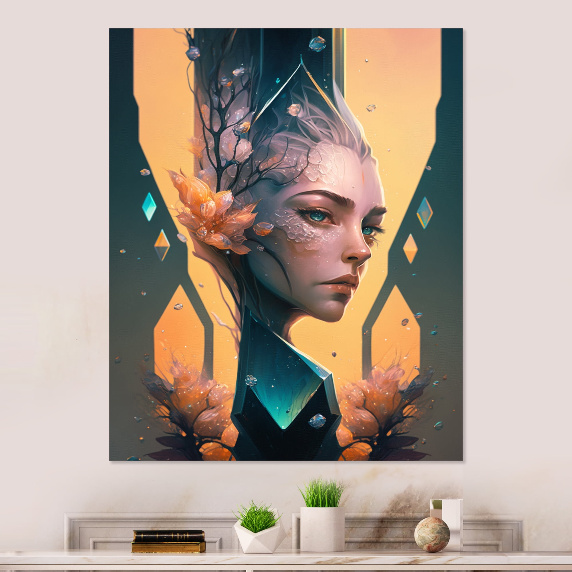 Designart Alien Face With Flowers 5 Hexagon Canvas Wall Art