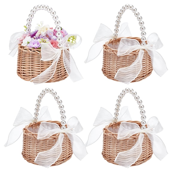 6Pcs Wicker Rattan Flower Basket, 5.31x7.28inch Small Wicker Rattan Basket with Pearl Handle Ribbon Bow Plastic Liner Fairy Flower Baskets Woven Eggs Candy Storage for Wedding Picnic Home Decor