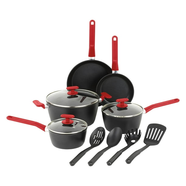 GoodCook ProEase Juego de utensilios de cocina antiadherentes de 12 piezas, incluye sartenes para horno holandés cubiertas de 4 cuartos, sartenes para salsa, utensilios, tapas de vidrio templado de al