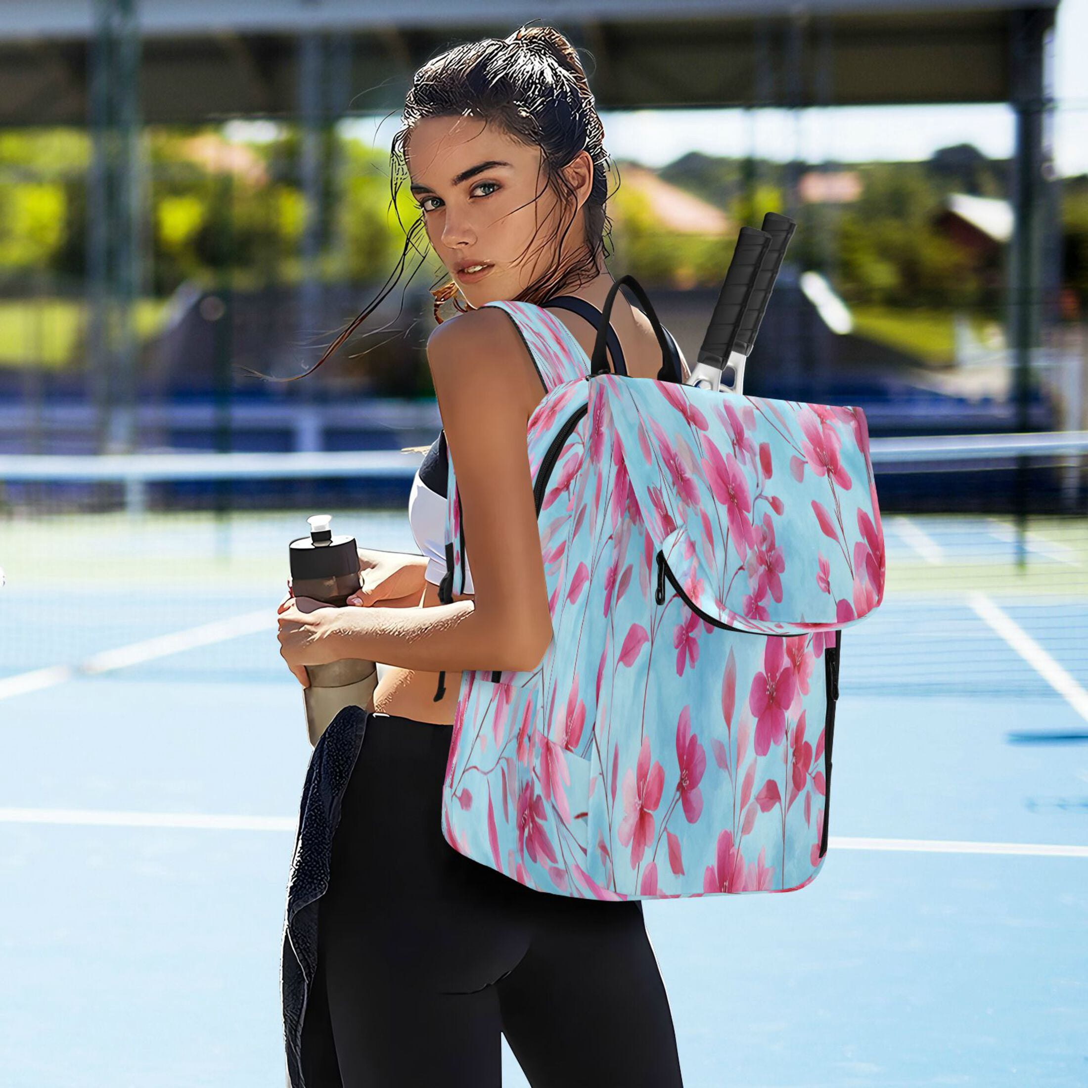 2 Racquet Holder Tennis Backpack Tennis Racket Covers Gym Bags Cute Pink Delicate Flowers