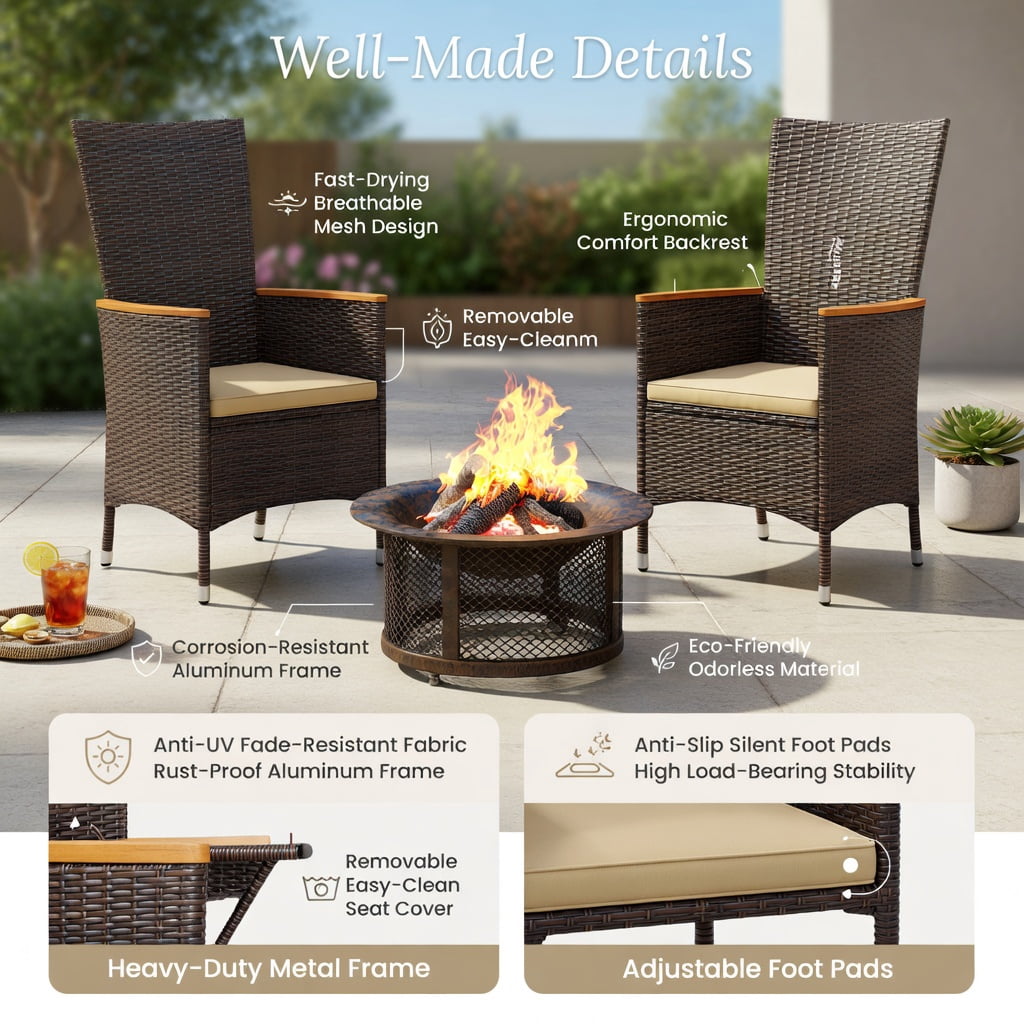 Hommoo 2-Piece Outdoor Wicker Dining Chair Set, High-Back PE Rattan Patio Chairs with Cushions, Acacia Wood Armrests & Heavy-Duty Metal Frame for Backyard, Porch or Poolside, Natural