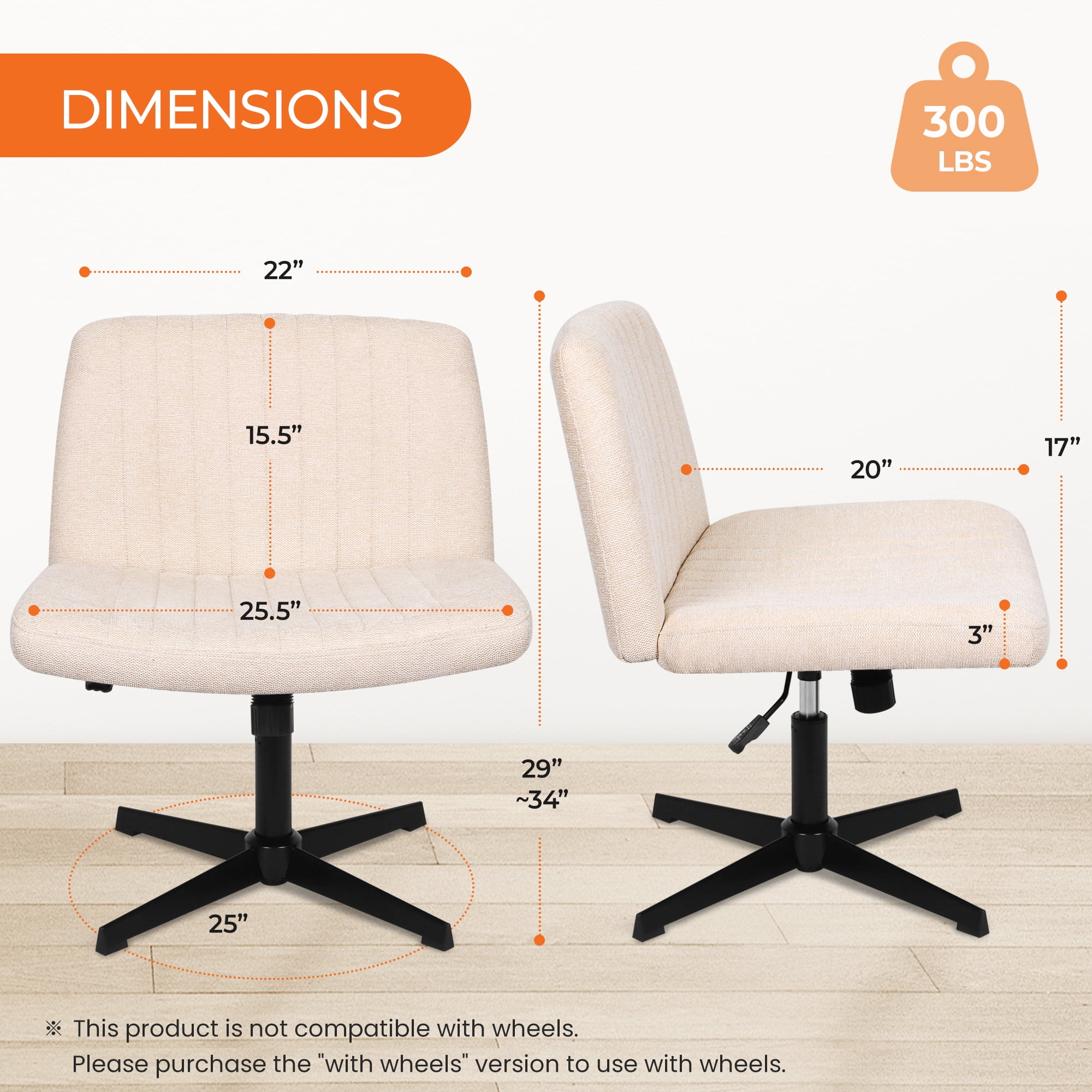 NEO CHAIR Criss Cross Chair No Wheels Armless&nbsp;Comfy Desk Chair Wide Vanity Makeup&nbsp;Cross Legged Office Adjustable Computer Task for Home Office Fabric (Beige)